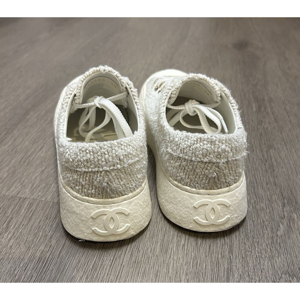Chanel 24P Tweed Low Top Sneakers Shoes White Gold Eyelets Women's Size 39 - Picture 6 of 13